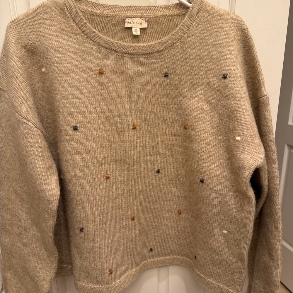 Beige Embellished Crewneck Sweater